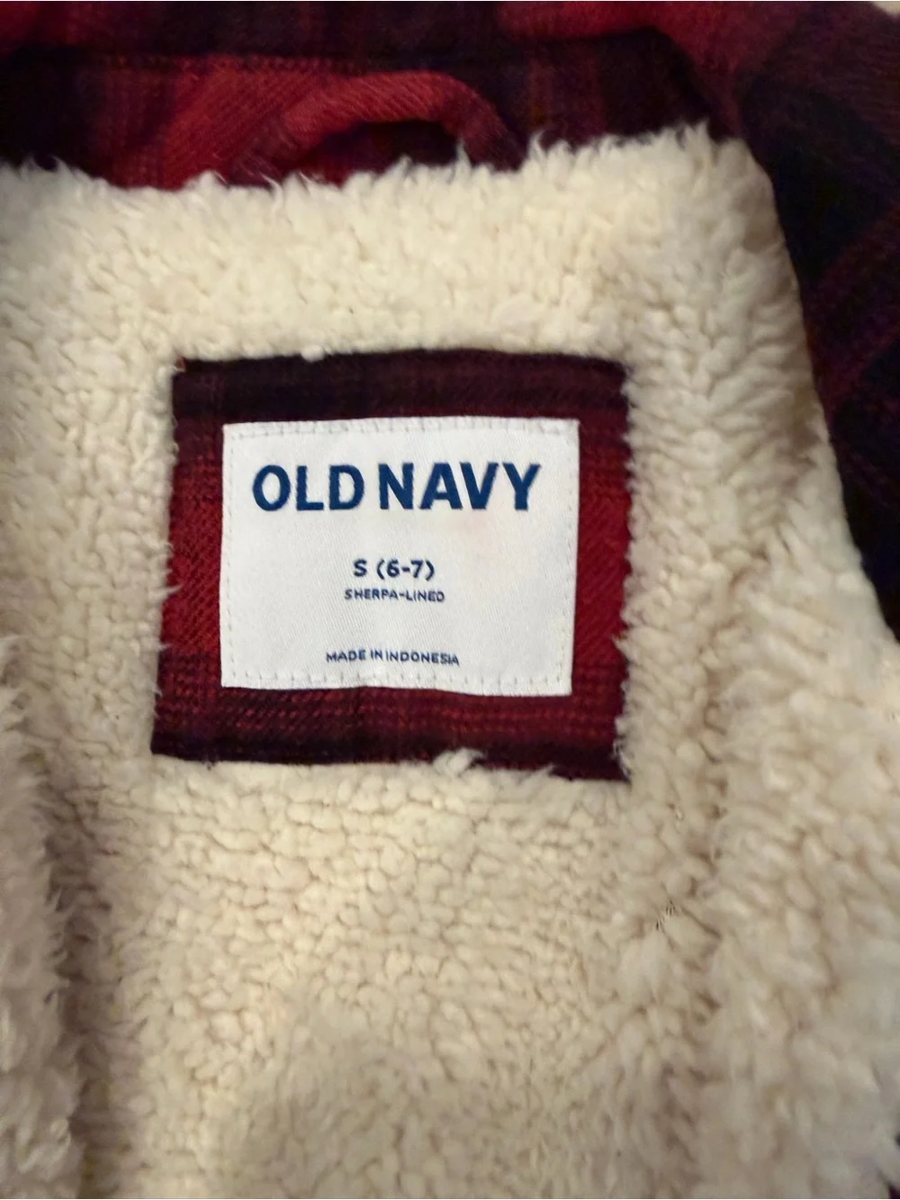 Old Navy Cream Sherpa-Lined Plaid Jacket with Red Trim